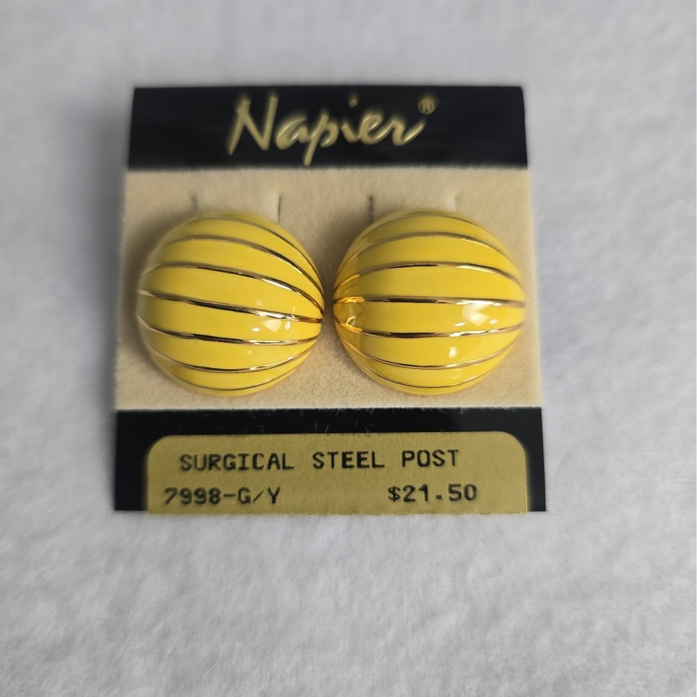Vintage Napier Yellow Enamel Dome Circular Gold Stripe Earrings Retro Statement